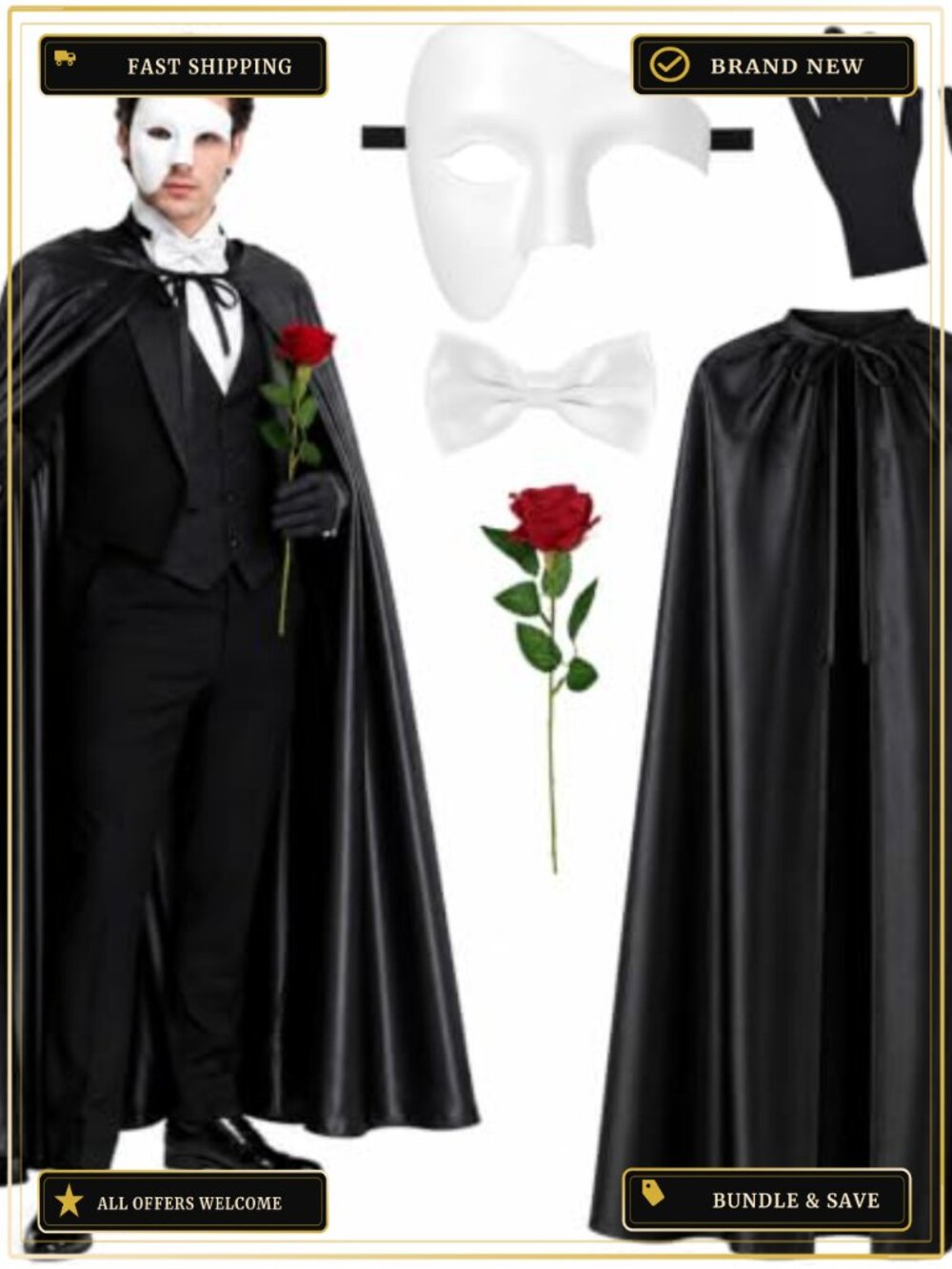 Men's Opera Costume Set with Black Cape, White Mask, Bow Tie, Gloves, Red Rose,